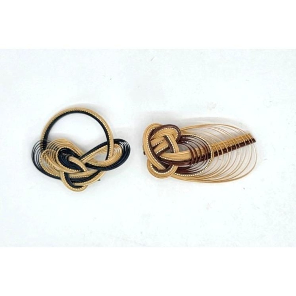 Vintage Quilled Bamboo Brooch x2 Blue Tan Red Tan Gold Tone Knots Made in Taiwan